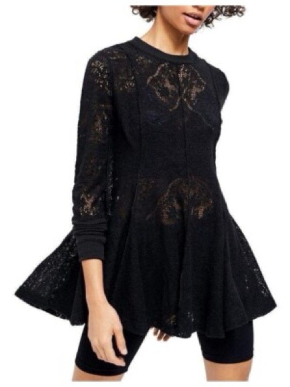 Free People Coffee in the Morning Black Lace Long-Sleeve Flounce Tunic Dress